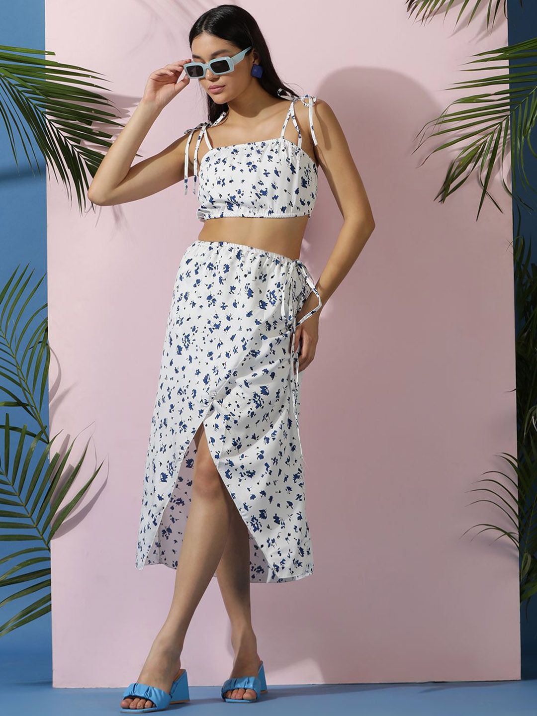 Kotty White Floral Printed Crop Top & Skirt