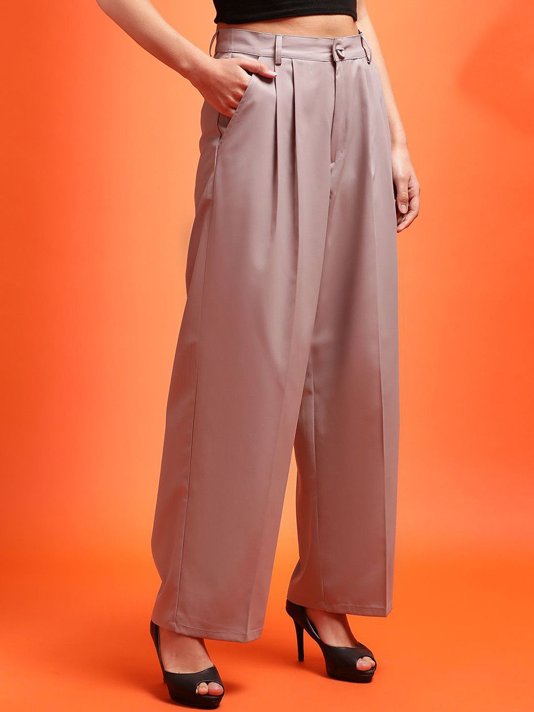 KOTTY BIZwear Women Relaxed Straight Fit High-Rise Easy Wash Pleated Trousers