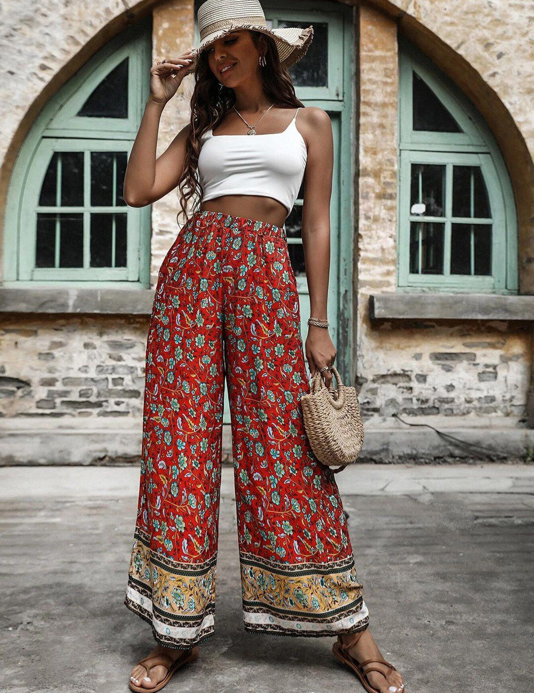 Kotty Women Multicoloured Ethnic Motifs Printed Flared High-Rise Easy Wash Trousers