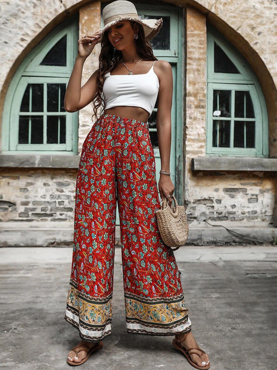 Kotty Women Multicoloured Ethnic Motifs Printed Flared High-Rise Easy Wash Trousers