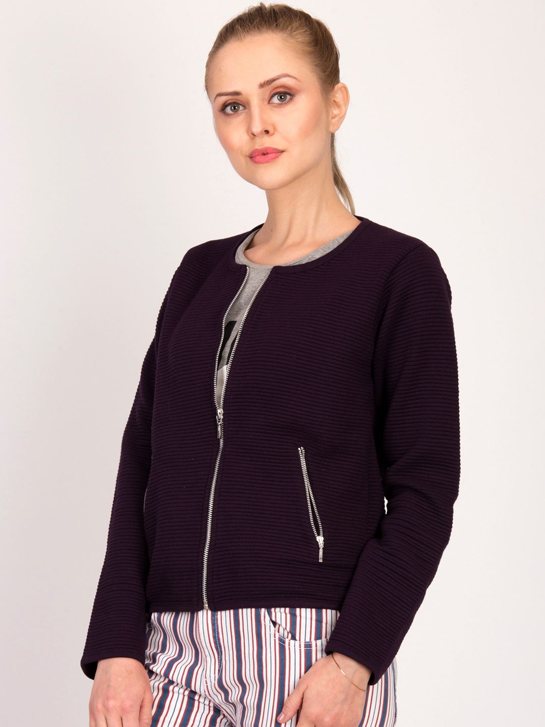 Kotty Women Purple Self Design Open Front Jacket