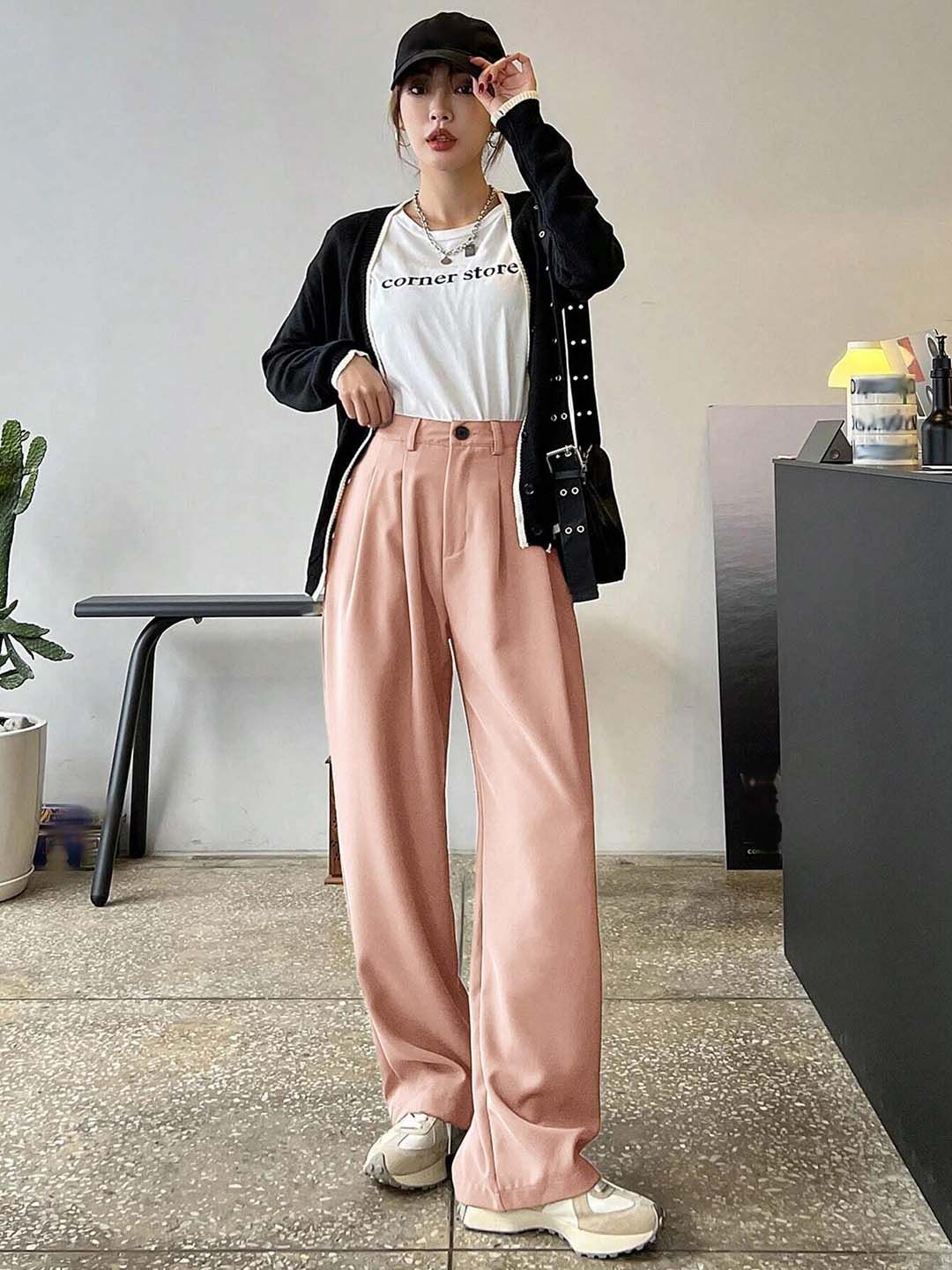 KOTTY BIZwear Women Pink Relaxed Straight Leg Straight Fit High-Rise Easy Wash Pleated Trousers