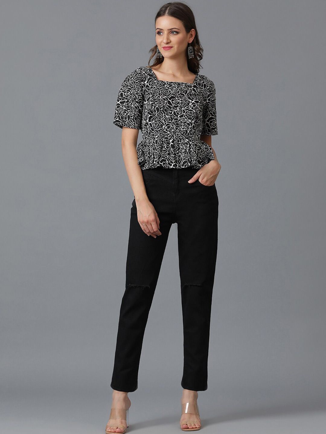 Kotty Black Floral Printed Puff Sleeve Crepe Peplum Top