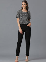 Kotty Black Floral Printed Puff Sleeve Crepe Peplum Top