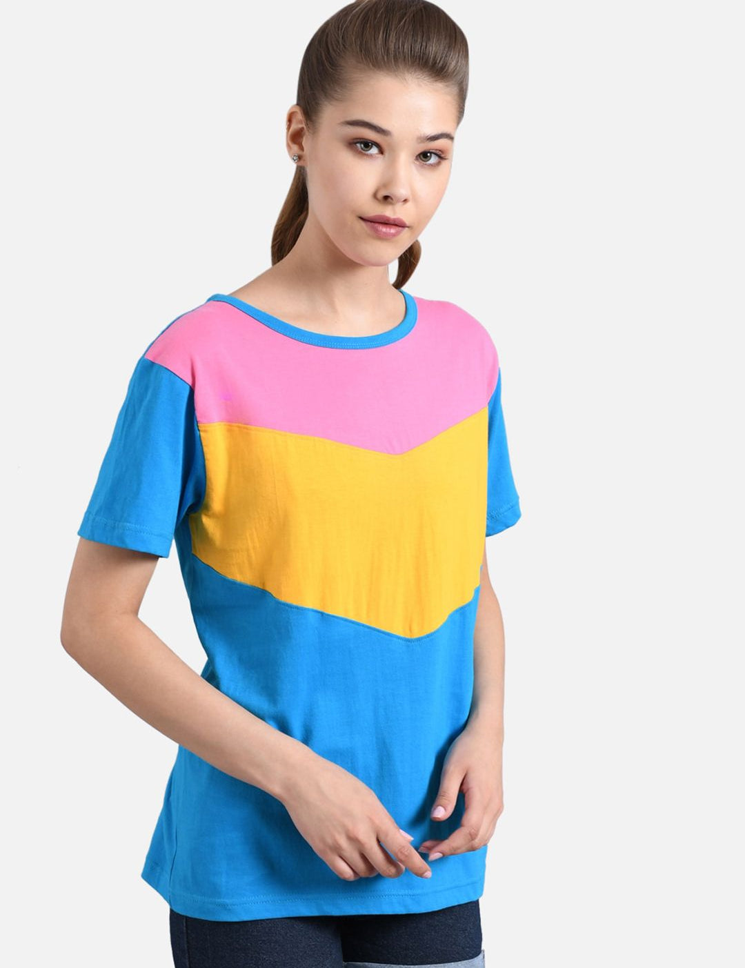 Kotty Women Blue & Yellow Colourblocked Round Neck T-shirt