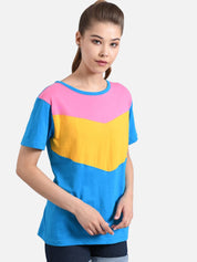 Kotty Women Blue & Yellow Colourblocked Round Neck T-shirt