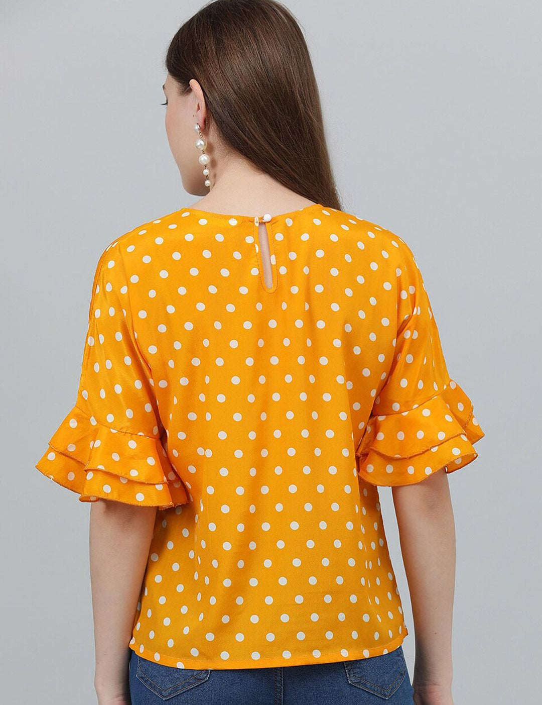 Kotty Yellow Polka Dot Print Flared Sleeve Satin Top