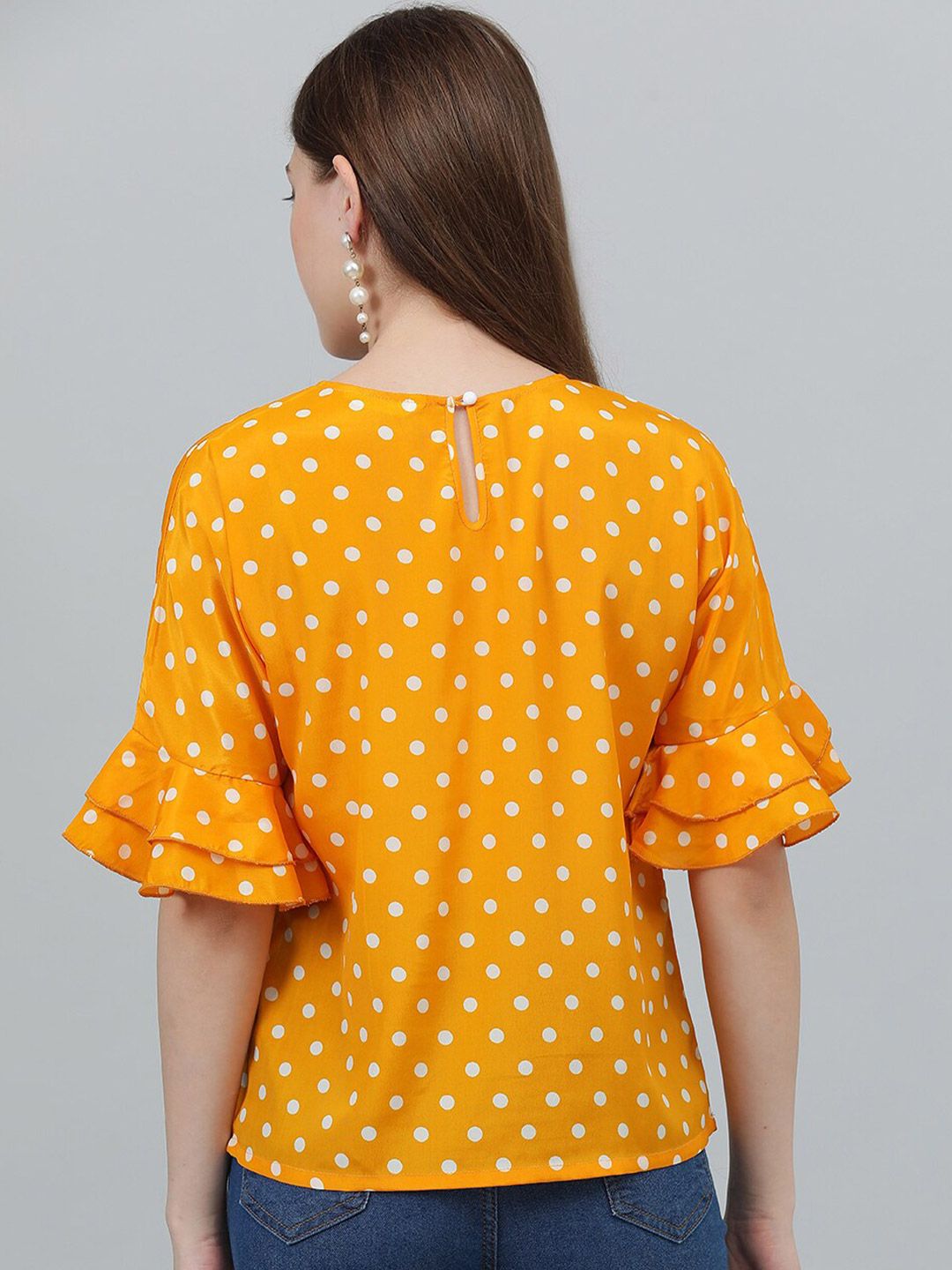 Kotty Yellow Polka Dot Print Flared Sleeve Satin Top