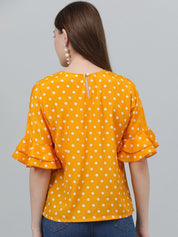 Kotty Yellow Polka Dot Print Flared Sleeve Satin Top