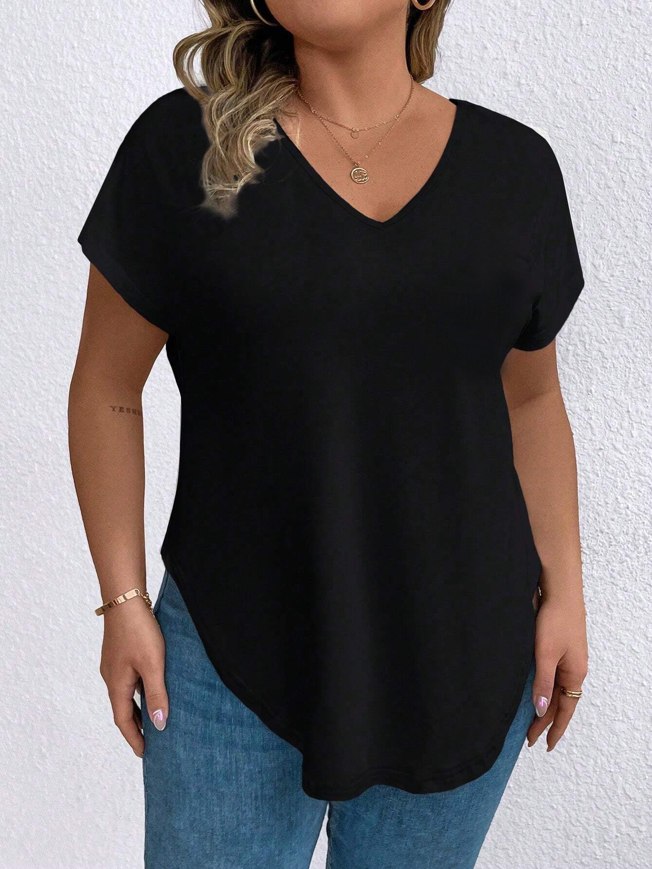 Plus Size Stylish V Neck Balck Women’s Tops