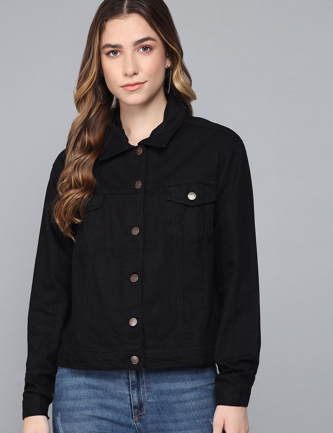 Kotty Women Black Lightweight Denim Jacket with Embroidered