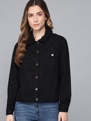 Kotty Women Black Lightweight Denim Jacket with Embroidered
