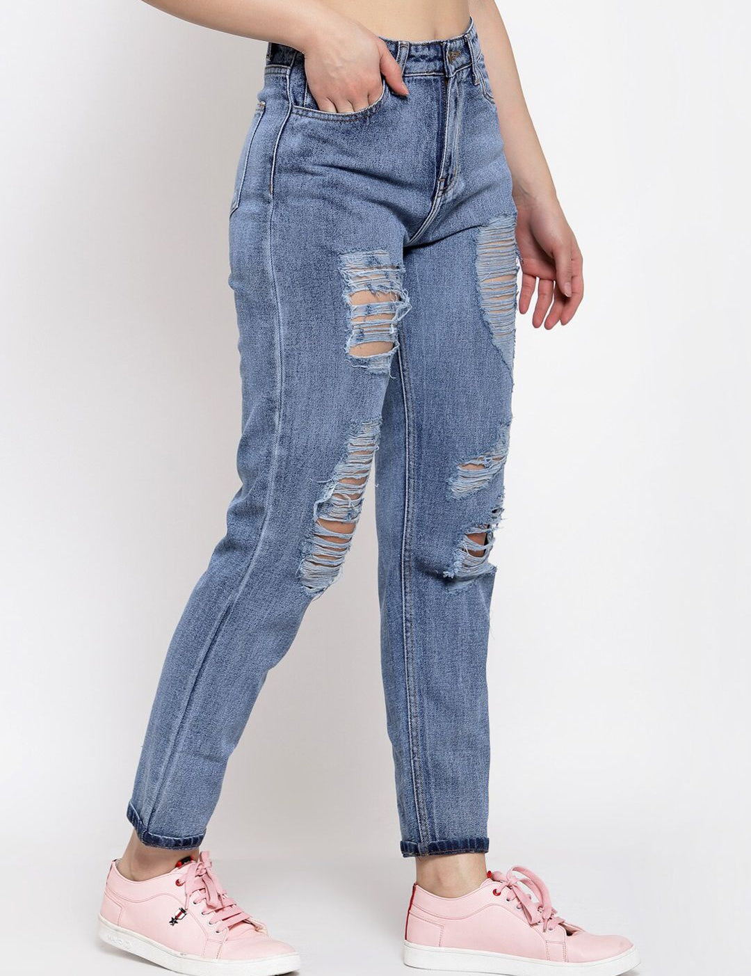 Kotty Women Blue Boyfriend Fit High-Rise Highly Distressed Heavy Fade Jeans