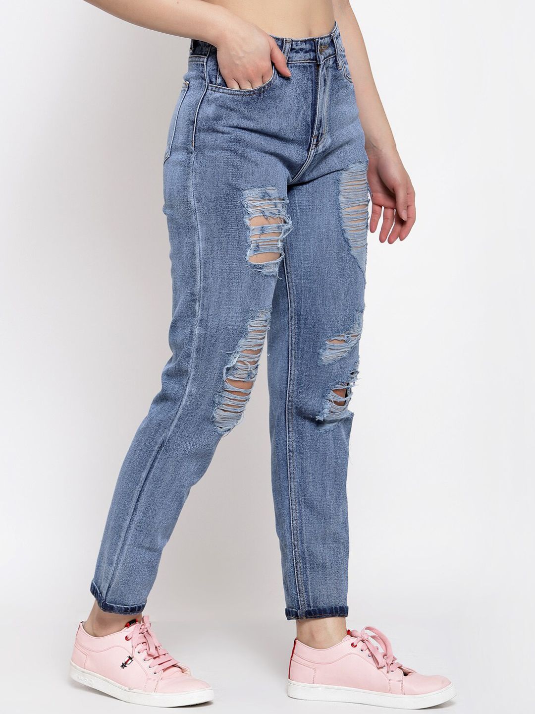 Kotty Women Blue Boyfriend Fit High-Rise Highly Distressed Heavy Fade Jeans