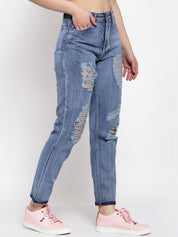 Kotty Women Blue Boyfriend Fit High-Rise Highly Distressed Heavy Fade Jeans