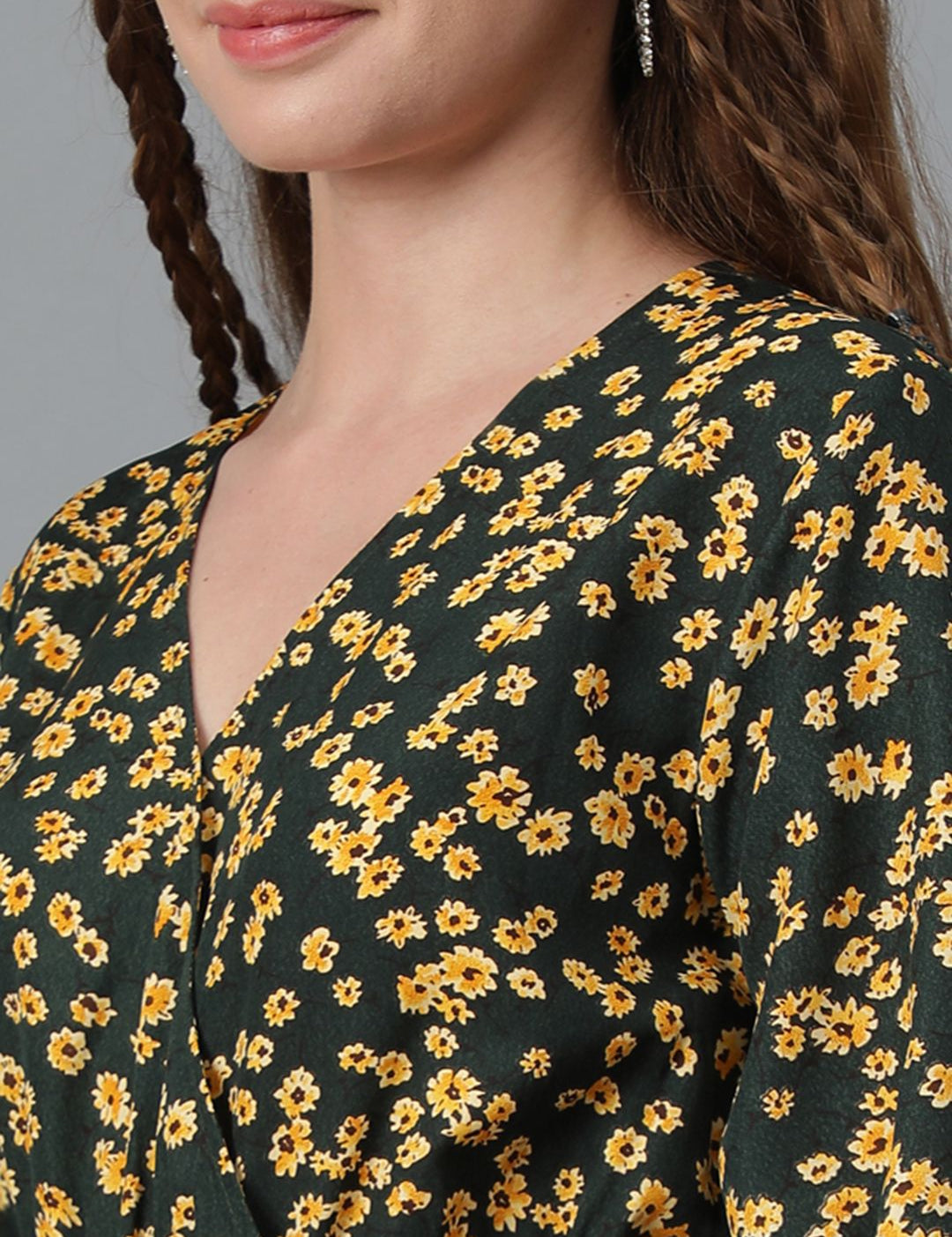 Kotty Yellow Floral Printed Puff Sleeves Fit & Flare Dress