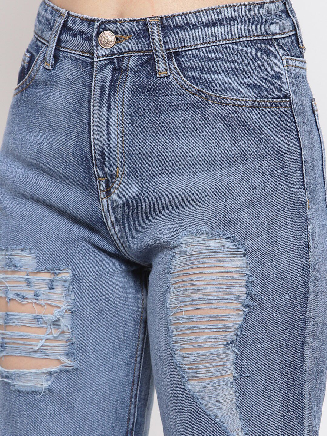 Kotty Women Blue Boyfriend Fit High-Rise Highly Distressed Heavy Fade Jeans
