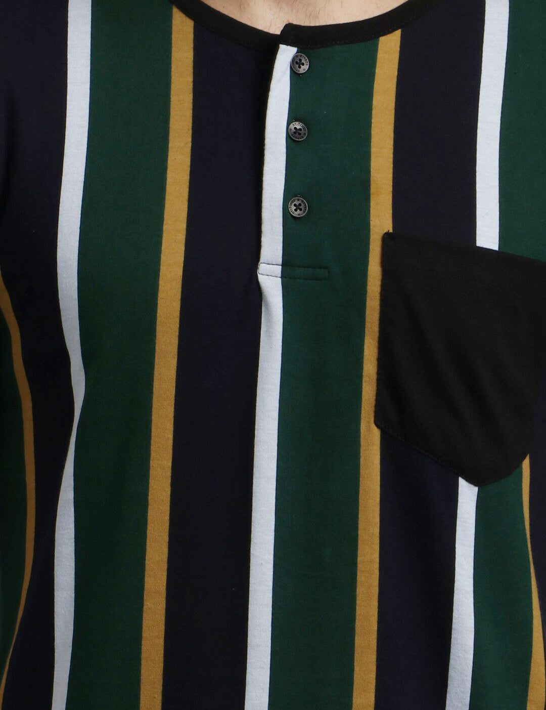 Kotty Men Green Striped Henley Neck T-shirt