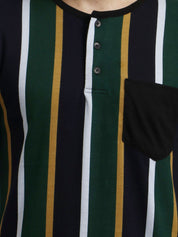 Kotty Men Green Striped Henley Neck T-shirt