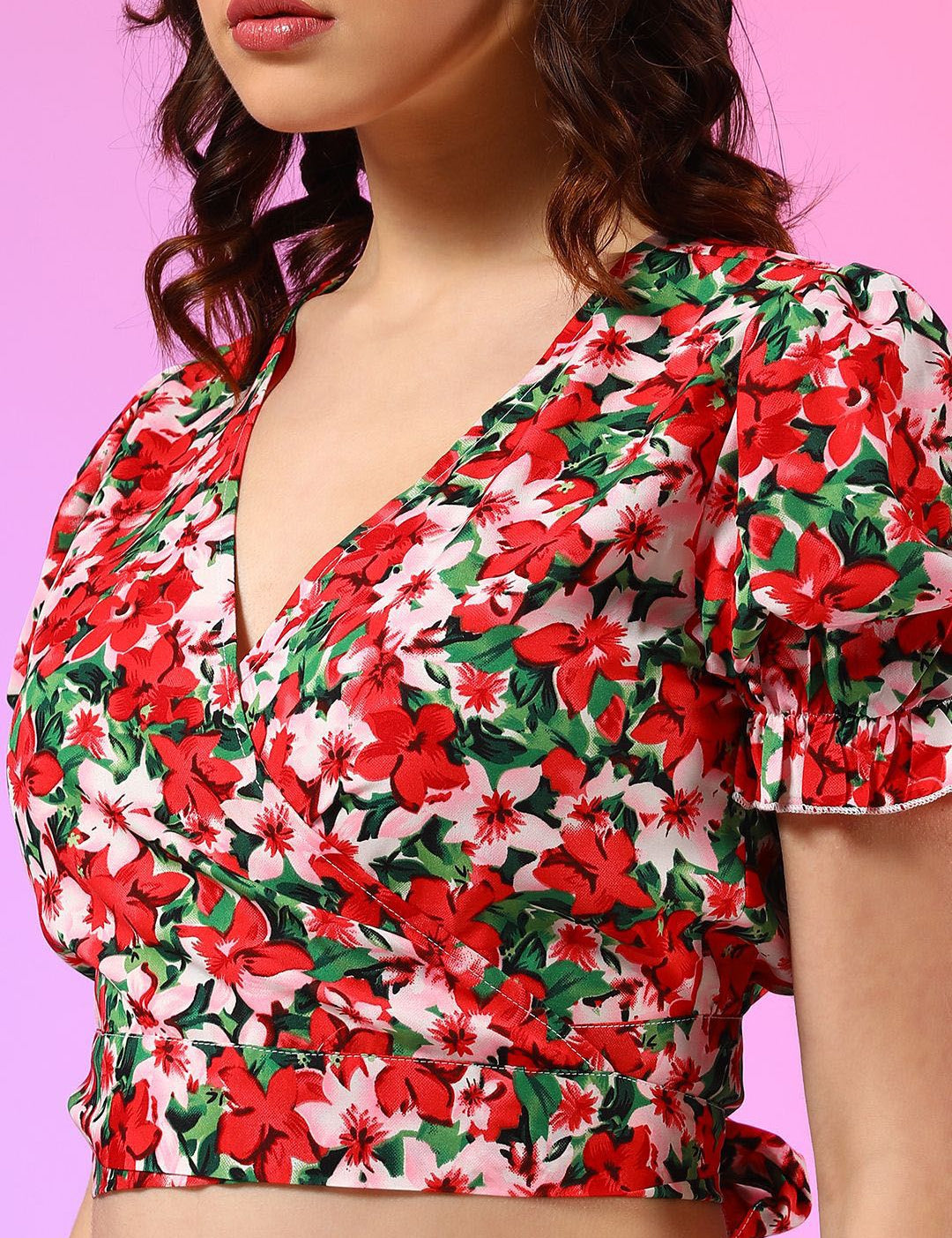 Kotty Red Floral Printed V-Neck Top With Skirt