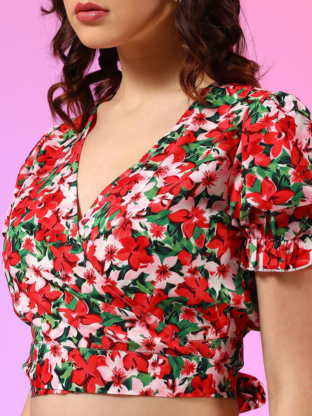 Kotty Red Floral Printed V-Neck Top With Skirt