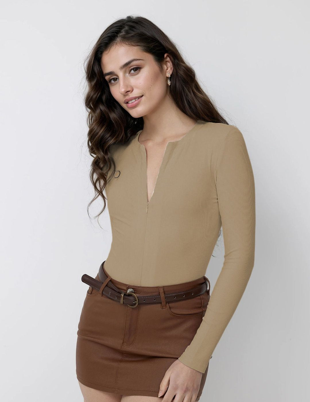 Kotty Women V-Neck Long Sleeves Fitted Top