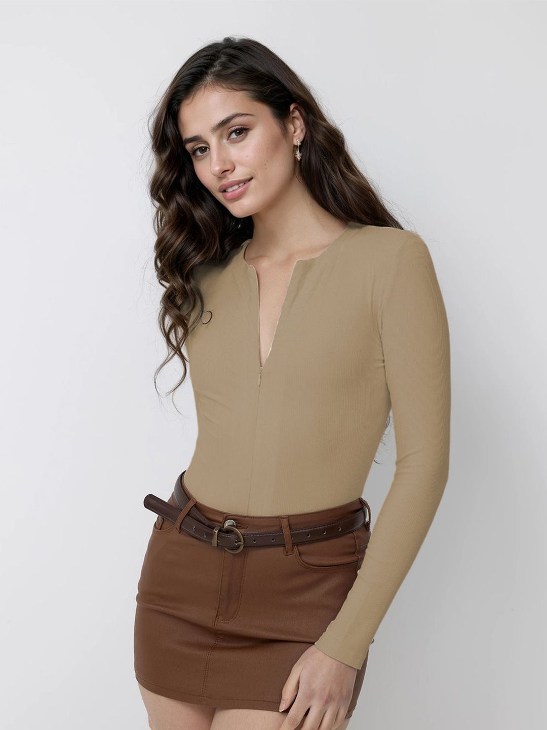 Kotty Women V-Neck Long Sleeves Fitted Top