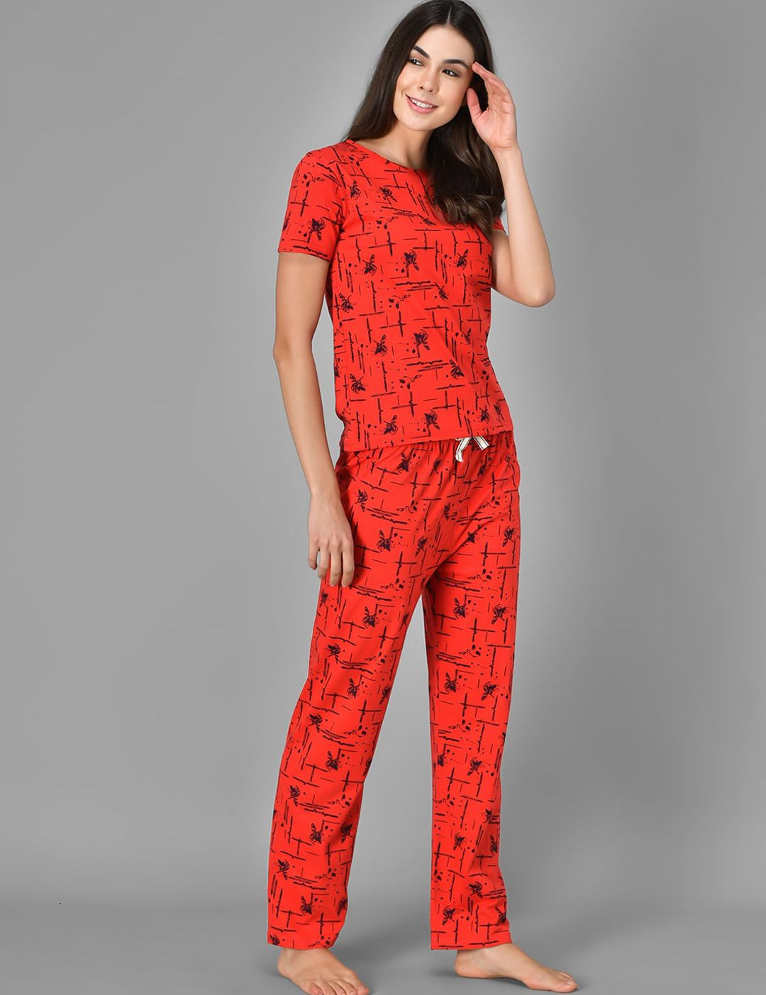 Kotty Women Red & Black Printed Night Suit