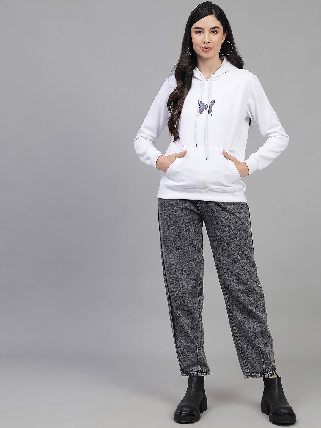 Kotty Women White Printed Hooded Sweatshirt