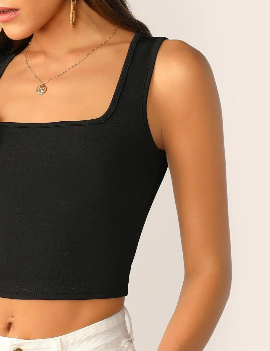 KOTTY Basics Black Square Neck Fitted Crop Top