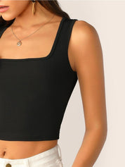 KOTTY Basics Black Square Neck Fitted Crop Top