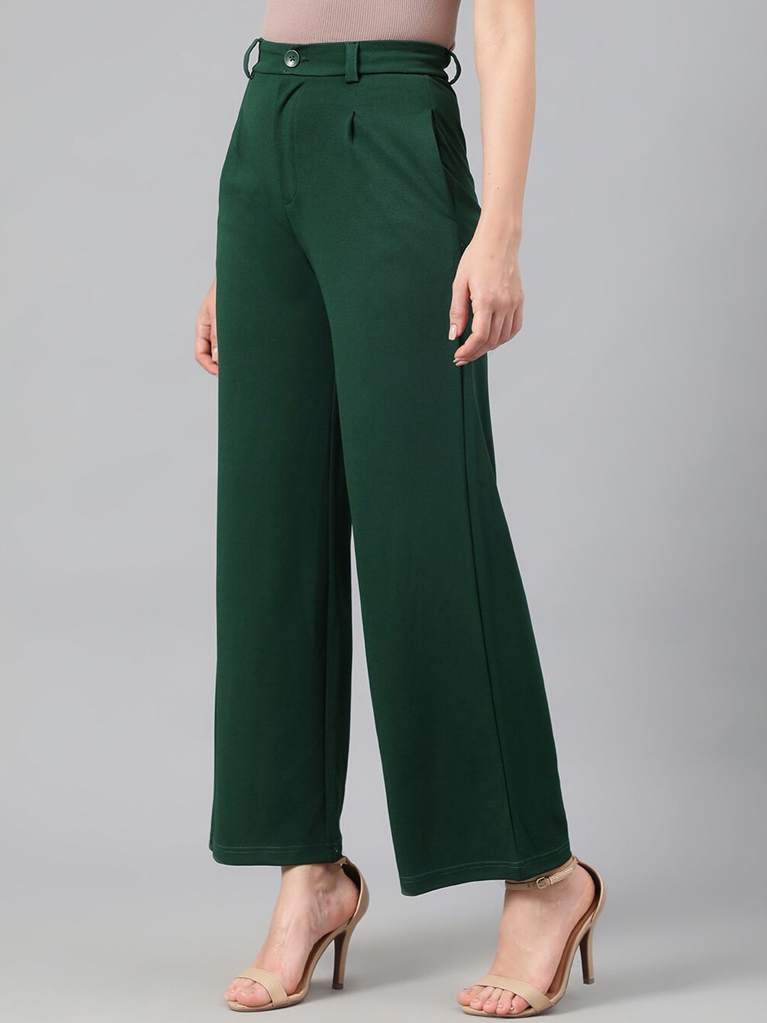 KOTTY BIZwear Women Green Relaxed Straight Leg Fit High-Rise Easy Wash Parallel Trousers