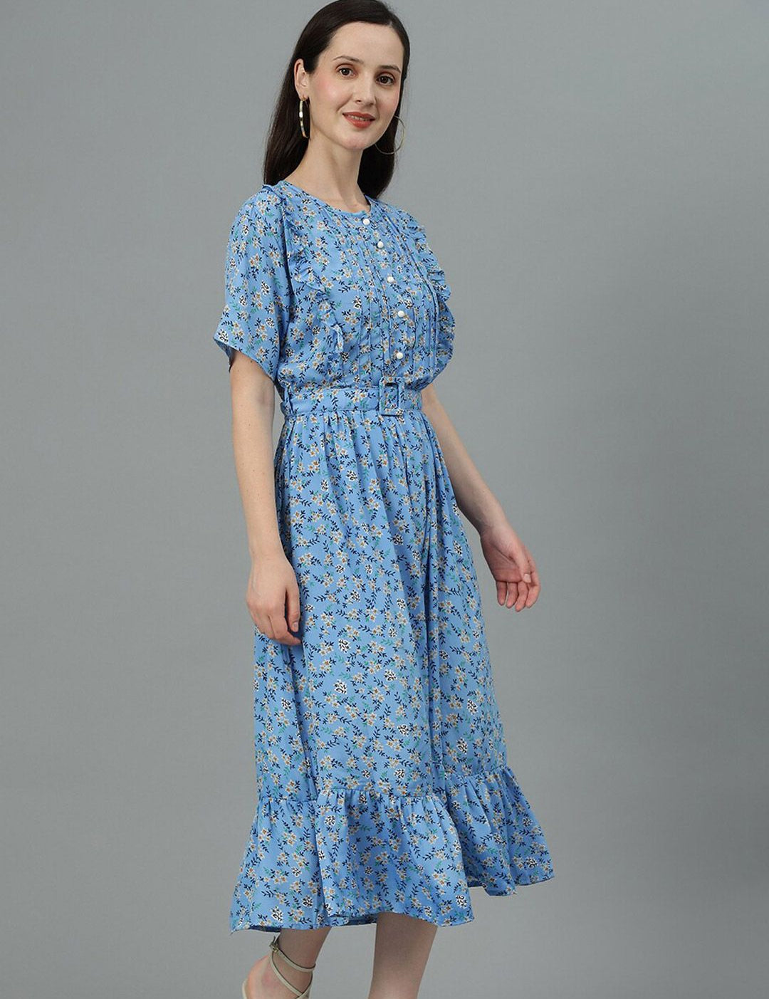 Kotty Blue Floral Print Fit & Flare Midi Dress