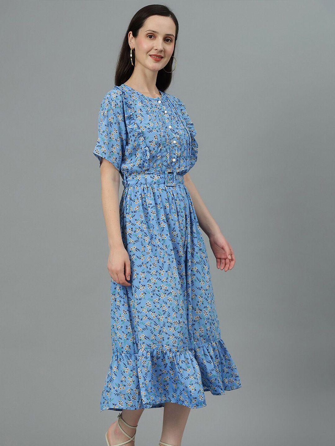 Kotty Blue Floral Print Fit & Flare Midi Dress