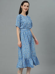 Kotty Blue Floral Print Fit & Flare Midi Dress