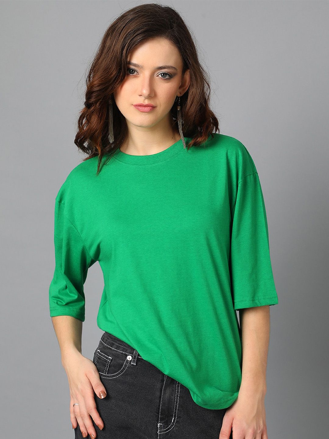 KOTTY Basics Round Neck Drop-Shoulder Sleeves Oversized T-shirt