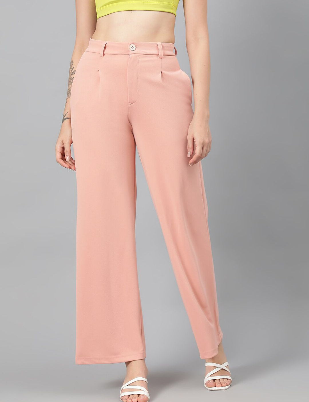Kotty Women Pink Relaxed Straight Leg Fit High-Rise Easy Wash Parallel Trousers
