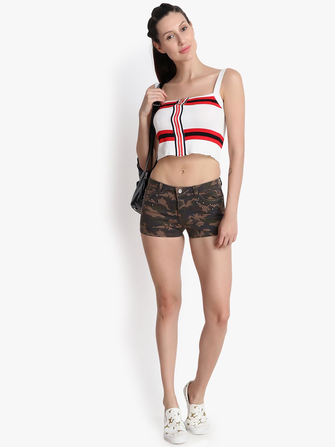 Kotty Women Khaki Printed Regular Fit Denim Shorts
