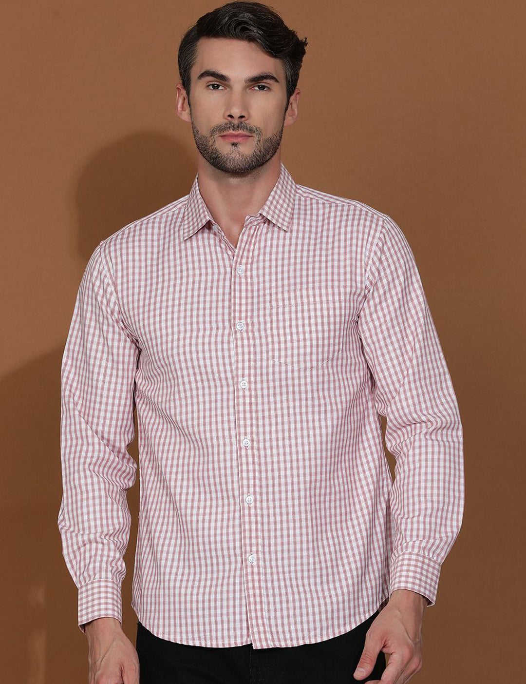 Kotty White & Red New Gingham Checks Printed Spread Collar Casual Shirt