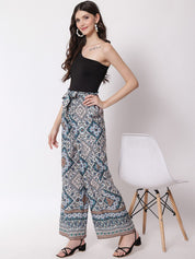 Kotty Women Blue and White Ethnic Motifs Printed Relaxed High-Rise Easy Wash Trousers