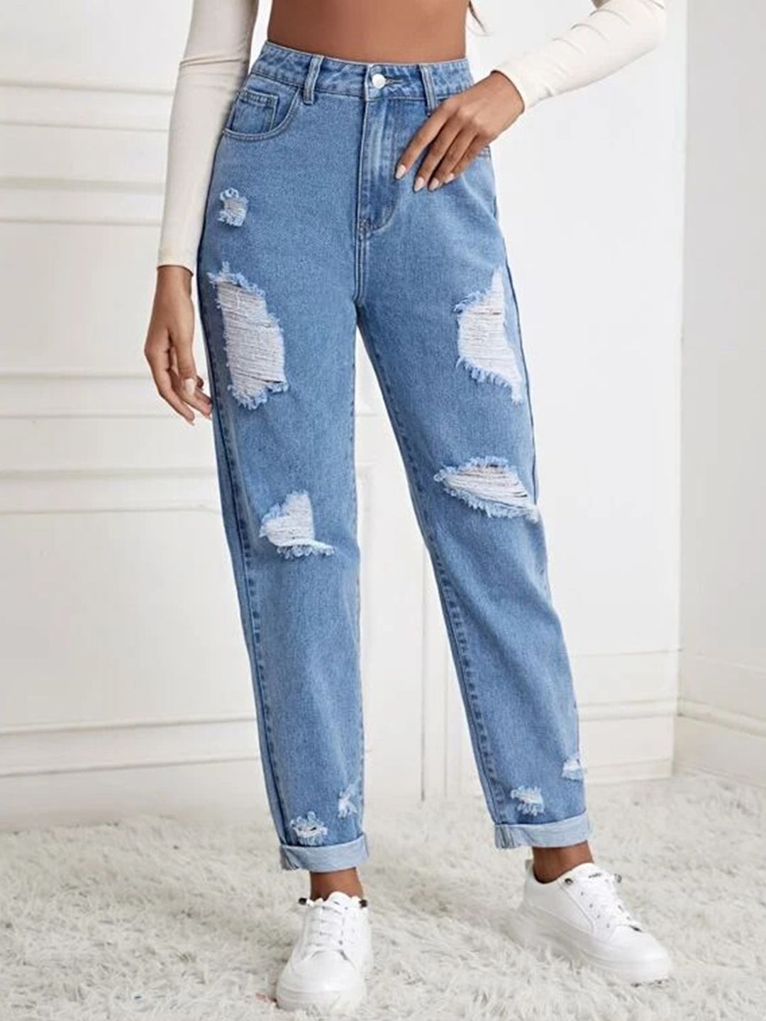 Kotty Women Blue High-Rise Highly Distressed Jeans