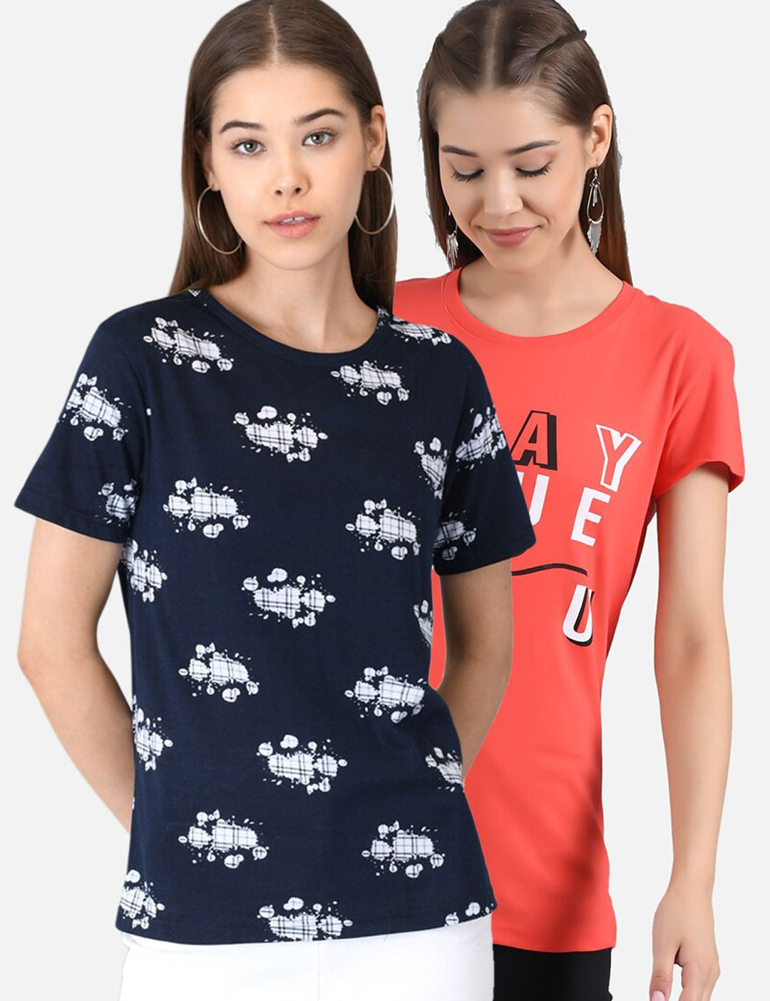 Kotty Women Navy Blue & Coral Orange Pack of 2 Printed T-shirt