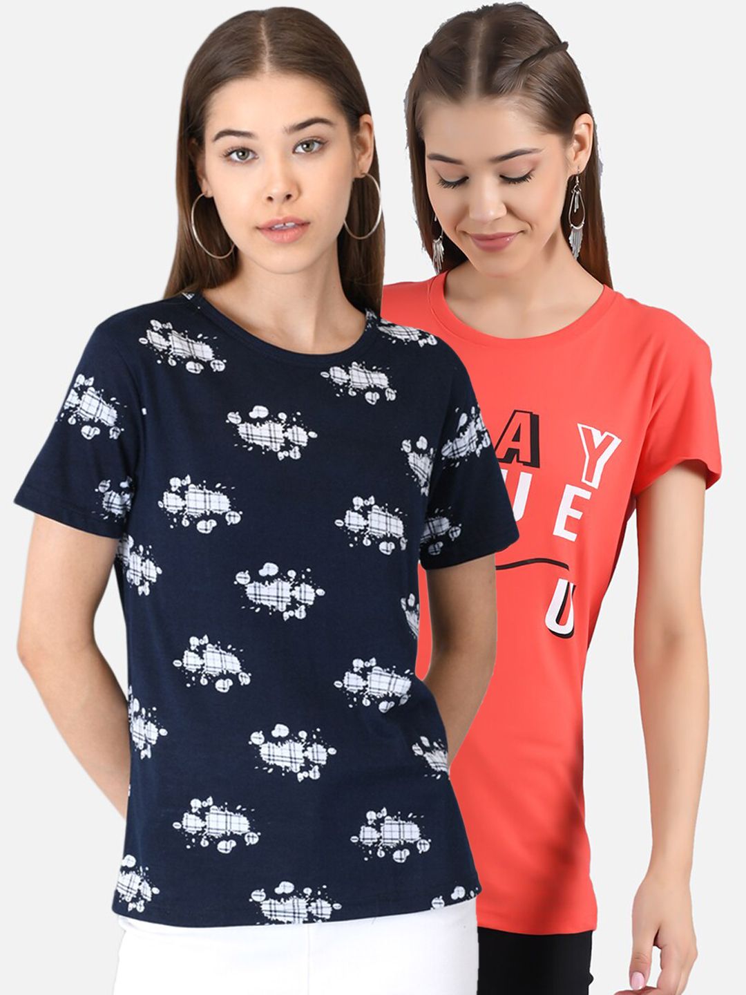 Kotty Women Navy Blue & Coral Orange Pack of 2 Printed T-shirt
