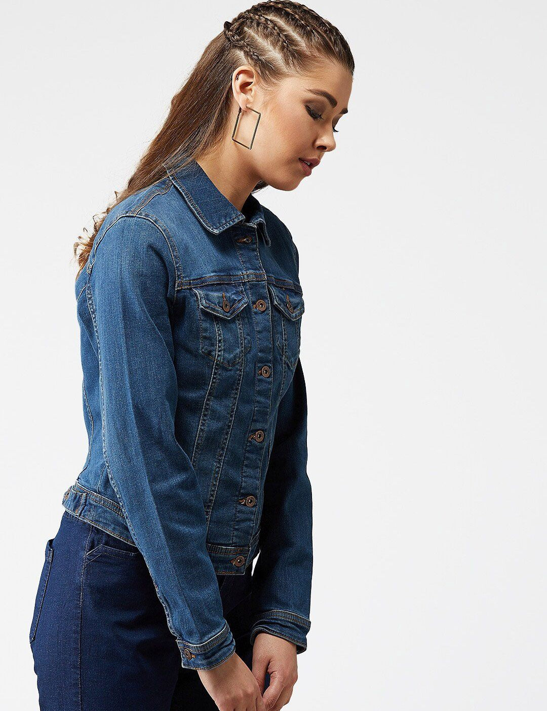 Kotty Women Navy Blue Solid Denim Jacket