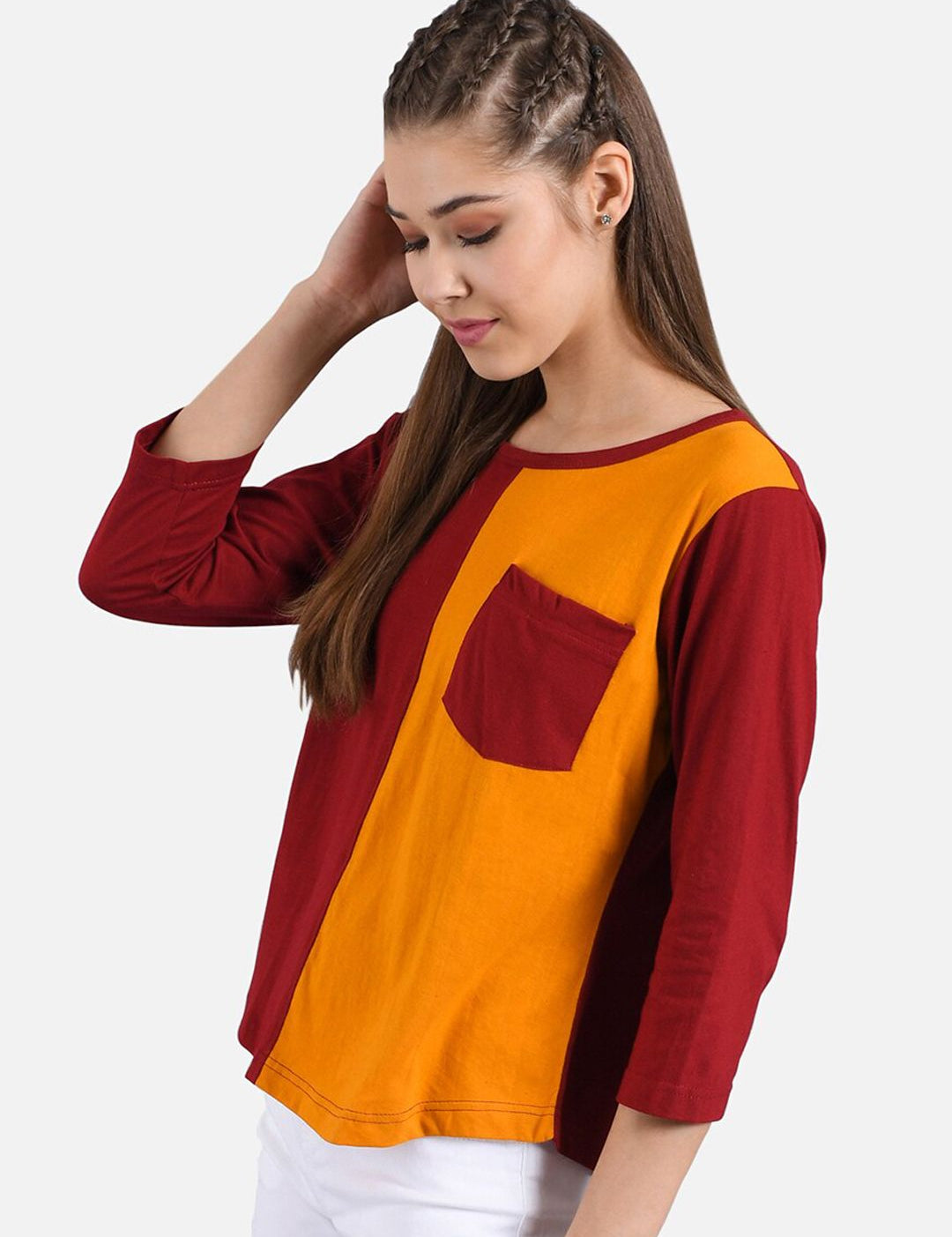 Kotty Women Maroon & Orange Colourblocked Round Neck T-shirt