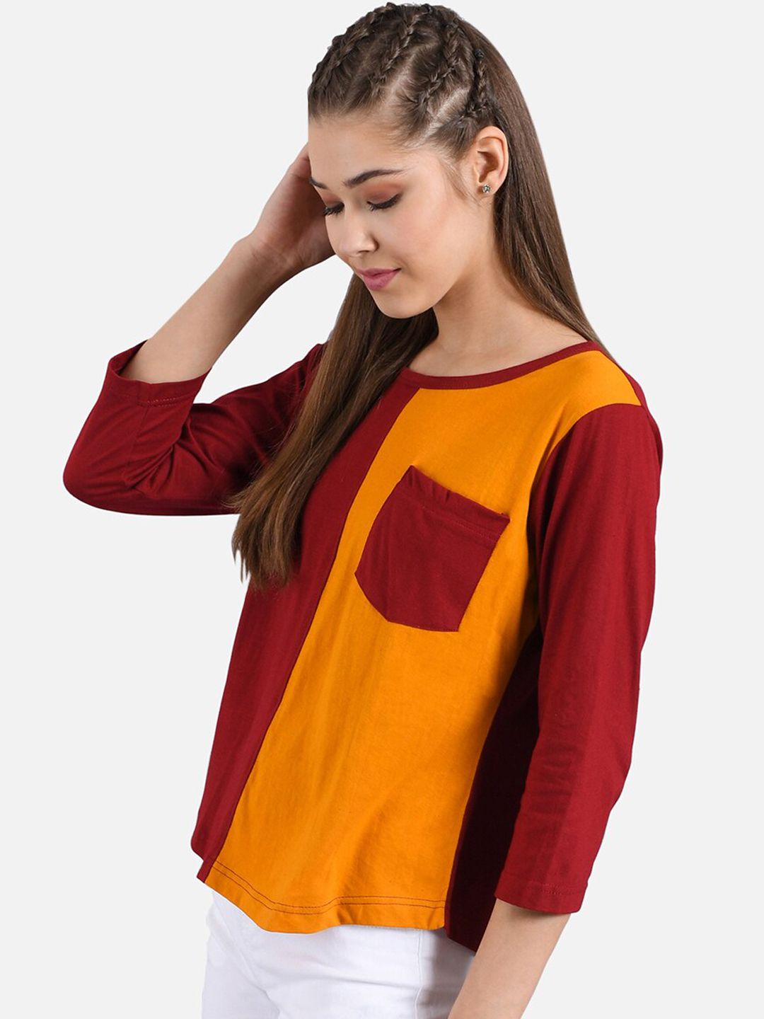 Kotty Women Maroon & Orange Colourblocked Round Neck T-shirt