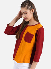 Kotty Women Maroon & Orange Colourblocked Round Neck T-shirt