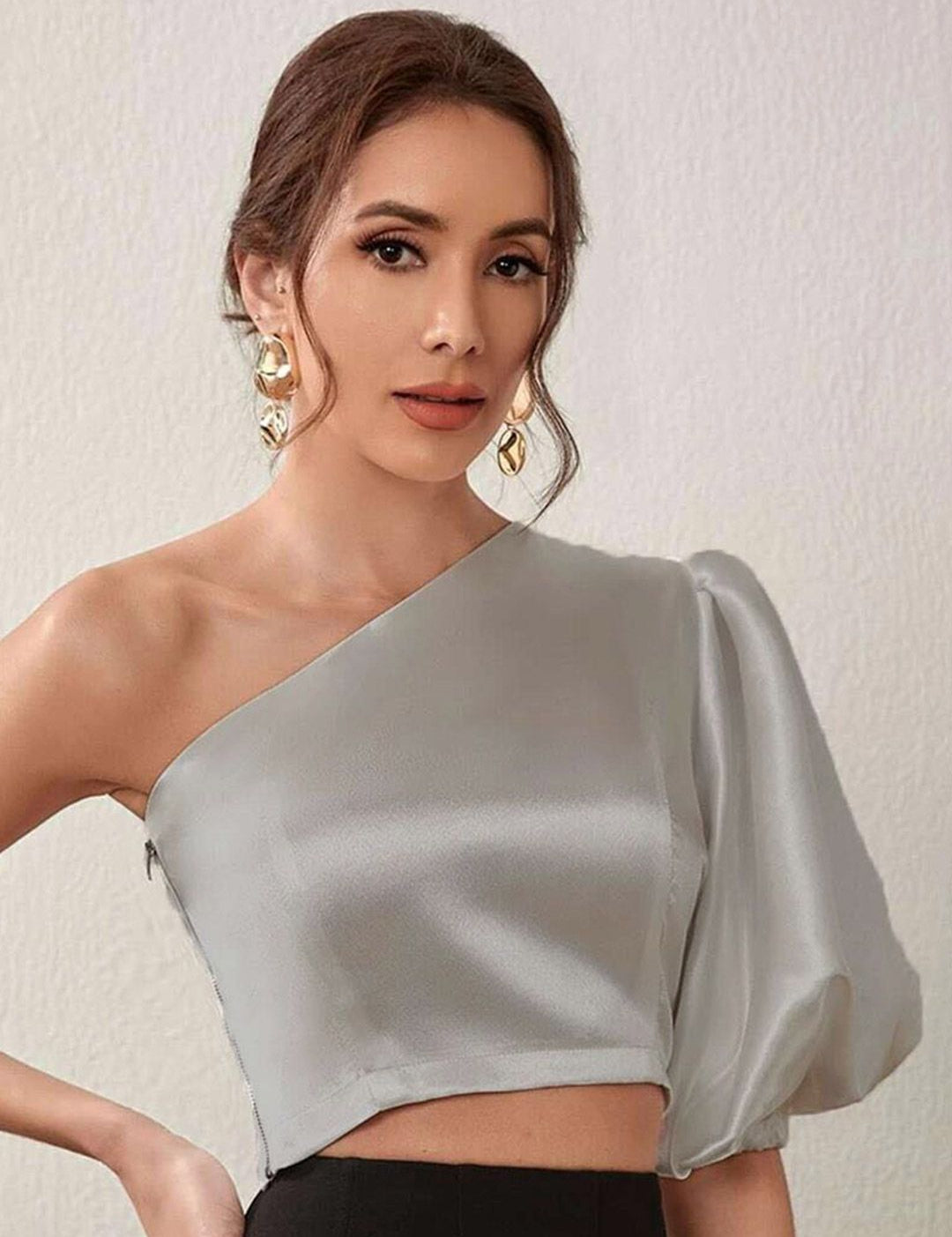 Kotty Grey One Shoulder Puff Sleeve Satin Crop Top