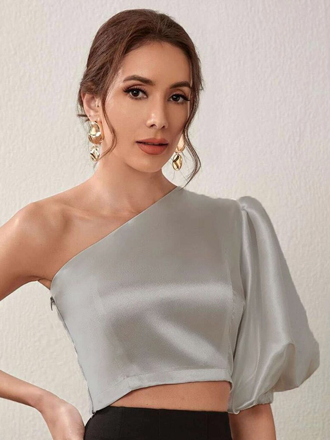 Kotty Grey One Shoulder Puff Sleeve Satin Crop Top