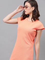 Kotty Orange Self Design Round Neck Extended Sleeves Sheath Dress